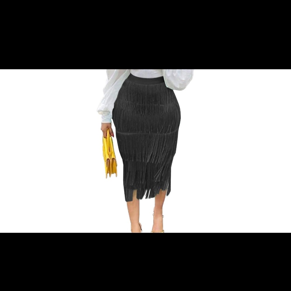 High Waist Fringe Tiered Bodycon Pencil Midi Skirt M